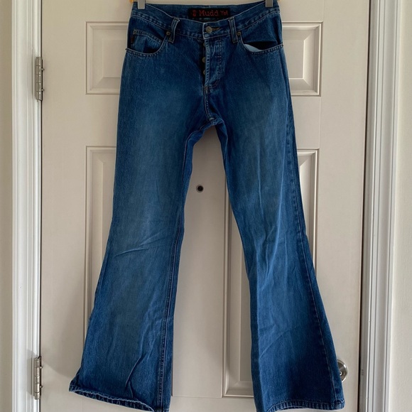 Vintage 90s Mudd Yo! Butterfly Button Clasp Blur Denim Flare Jeans Size 7/8 Boho - Picture 1 of 5